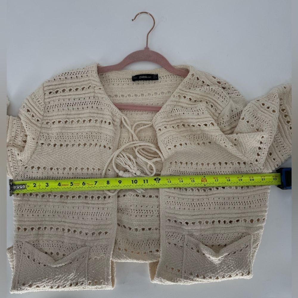 ZARA Crochet Cardigan Patch Pocket Tassel Lagenlook Sweater Size Large - Picture 13 of 14